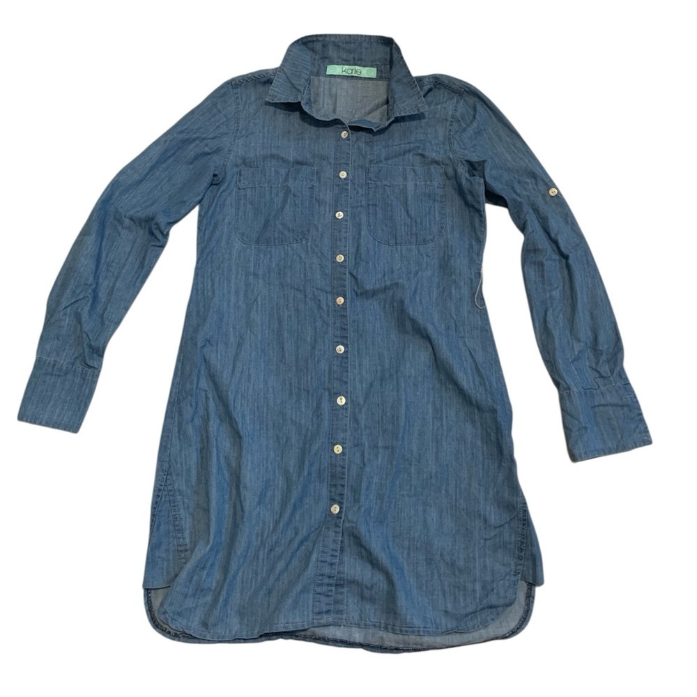 Karlie 100% Cotton Chambray Denim Shirtdress Tunic Roll Tab Sleeve M